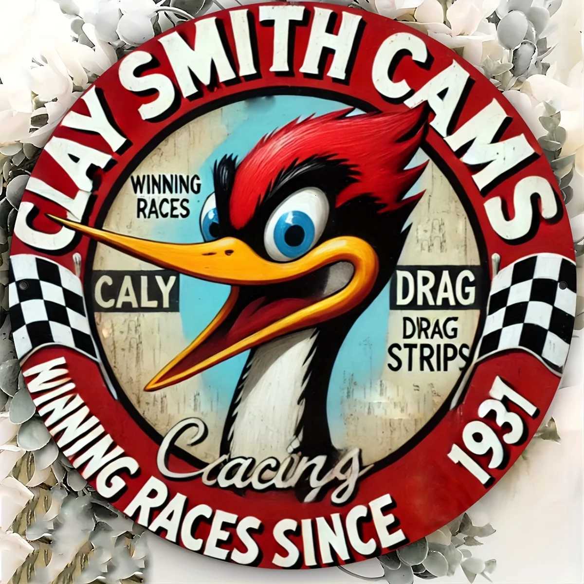Terracotta Smith Cam Vintage Round Aluminum Sign 8x8 Inch Woodpecker Racing Theme Metal Plate for Home Restaurant CafeM251114