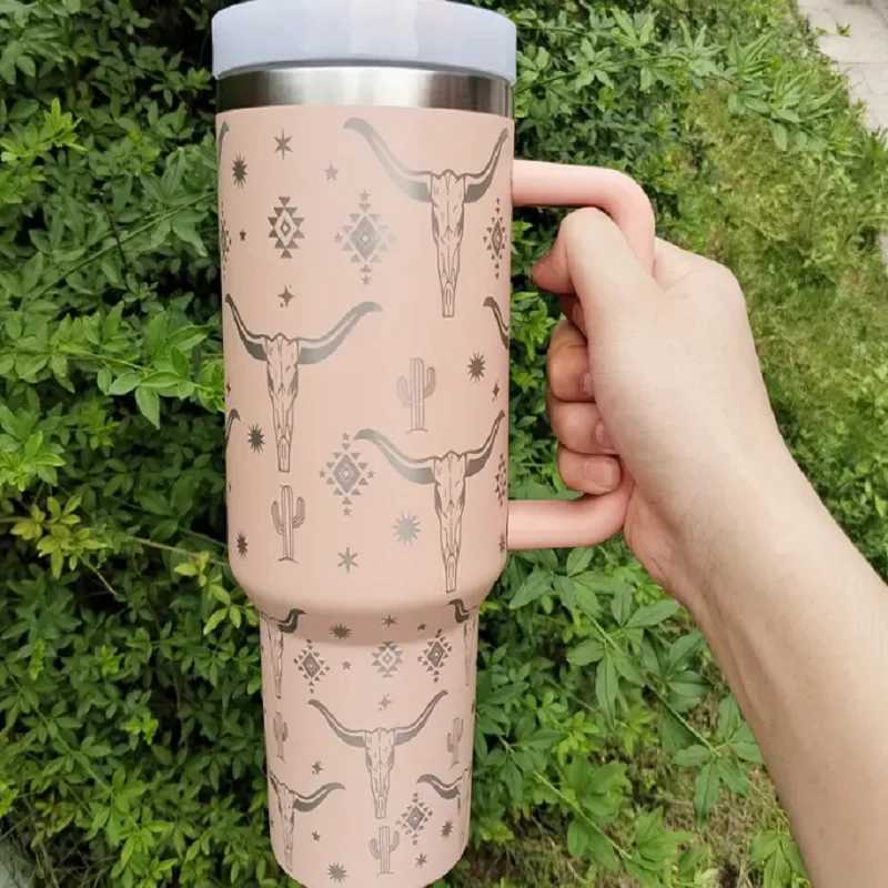 1PC Water Tumbler Cow Head Print 40oz Second Generation 304 Stainless Steel Double Insulation Handle Cup Car Cup Ice Bully Cup C251114