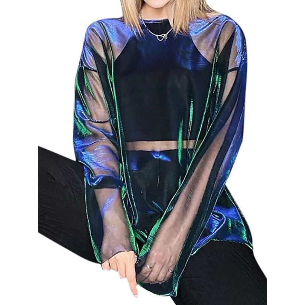 Solid See Through Tshirt Sexy Tops O-Neck Long Sleeve T Shirt For Women Clothing Club Y2k Aesthetic Egirl Tees