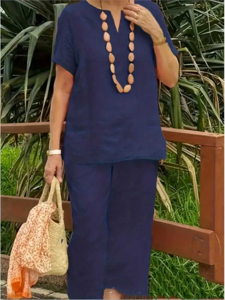 Womens pure cotton linen summer 2PCS/set set 2024 casual loose V-neck shorts Sve wide leg pants solid color fashionable womens setXJ250414