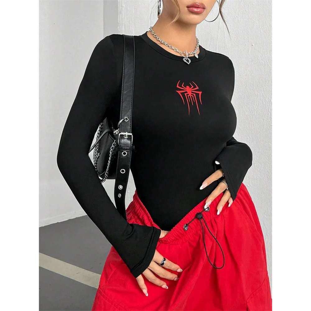 Women Spider Print Round Neck Long Sleeve Crop Tee Top Autumn Winter Spring Y2K Clothes Slim fit T-shirt