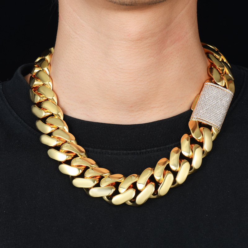 Hip Hop 25mm Shiny Miami Cuban Chain Necklace Bracelet Copper Real Gold Plated Jewelry