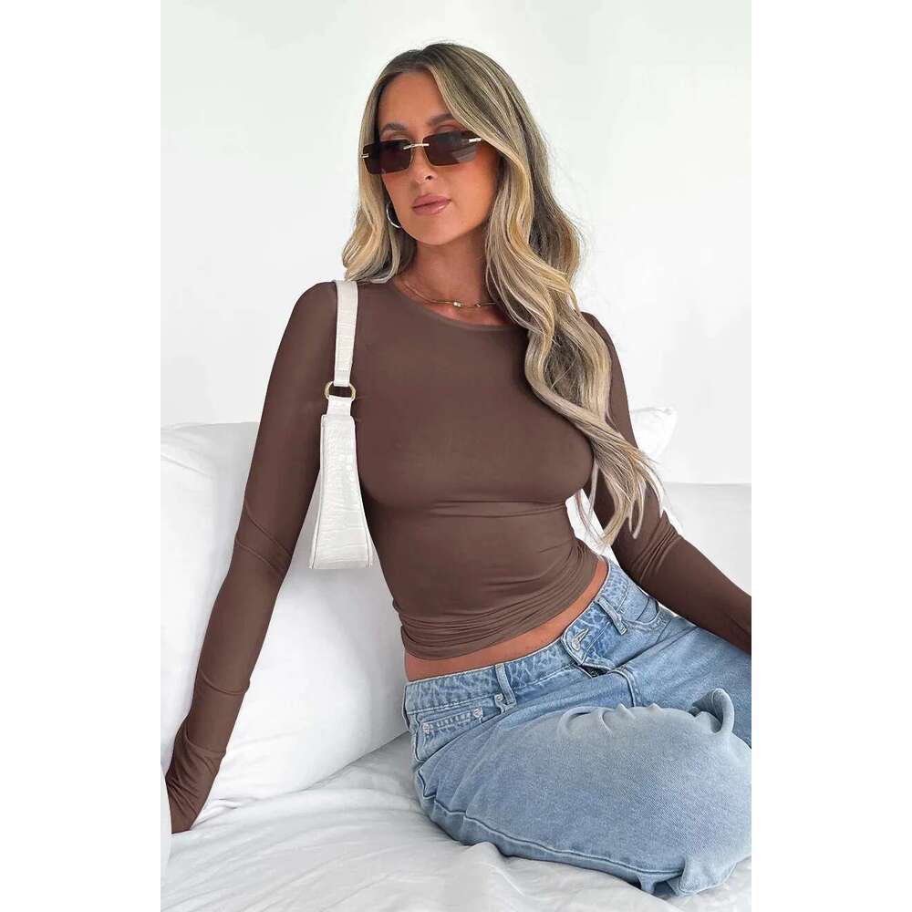Long Sleeve U Neck Crop Top Women Sexy Female Slim Tight Casual Summer Tee Clothes Streetwear Brown women clothing