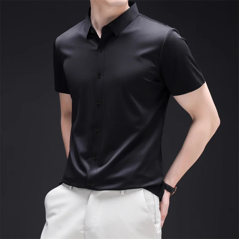 Mens Business Casual Short Sleeved Solid Color Shirt Wrinkle Resistant Wrinkle Free Comfortable All Season Versatile Top 250414