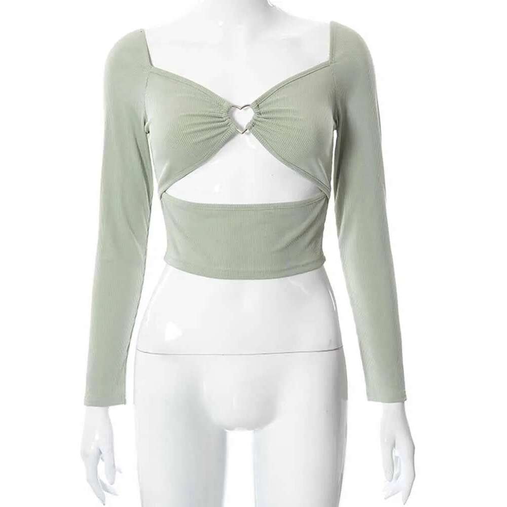 Hollow-Out V-neck Long Sleeve Crop Tops Spring Fall Casual Fashion Women Square Collar Slim Ribbed T-Shirts Backless Tee