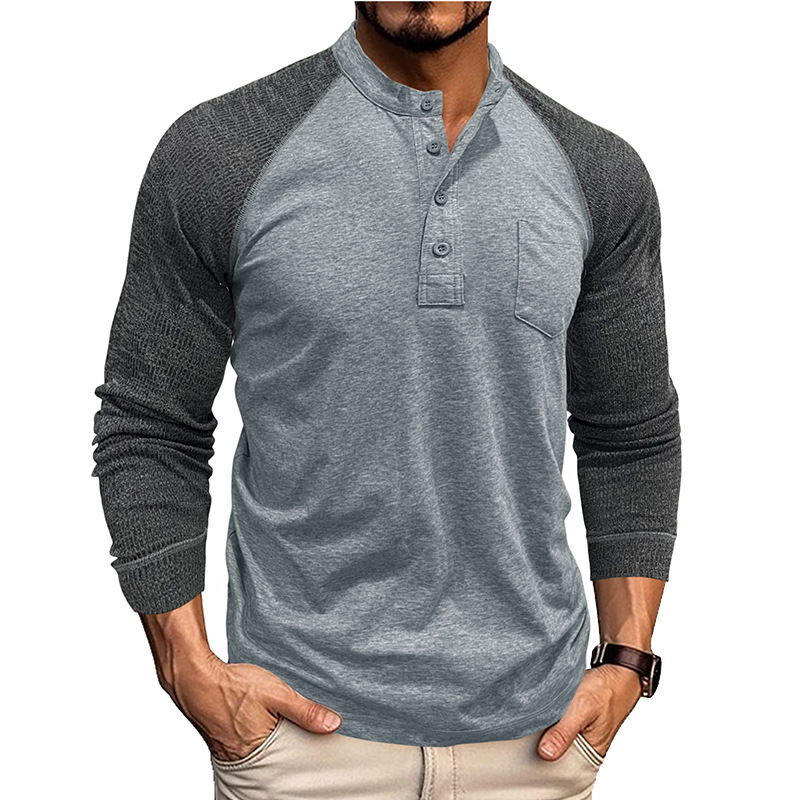 Mens round neck ribbed patchwork sleeves with raglan Henley base long sleeved mens T-shirt top tough cotton shirt for men