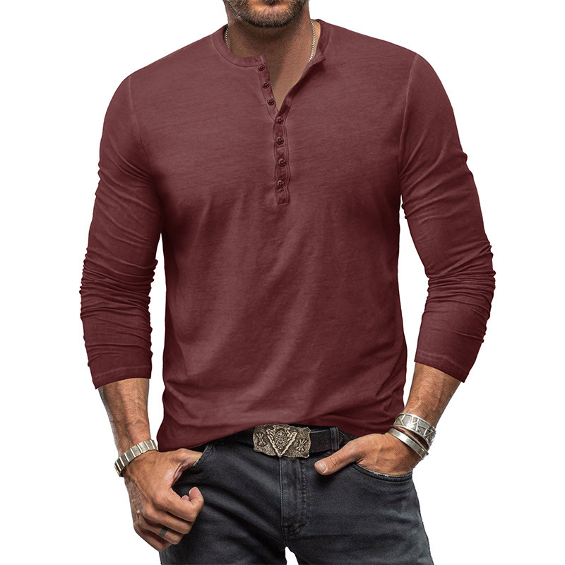 Mens antique henley shirt long sleeved T-shirt Mens button washed worn V-neck T-shirt shirt