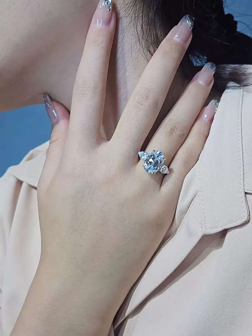 Custom Platinum PT950 Women Ring Moissanite Diamonds Oval Pear Water Drop Party Engagement Anniversary Wedding Ring Trendy