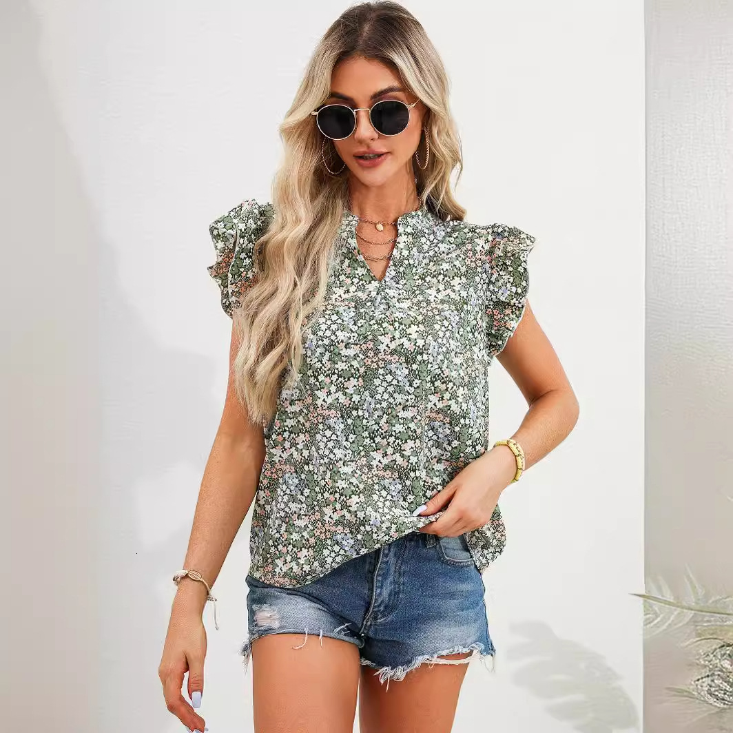 2025 Spring/Summer Women's Shirt with Lotus Leaf Edge Fresh and Sweet Floral Short Sleeve Top