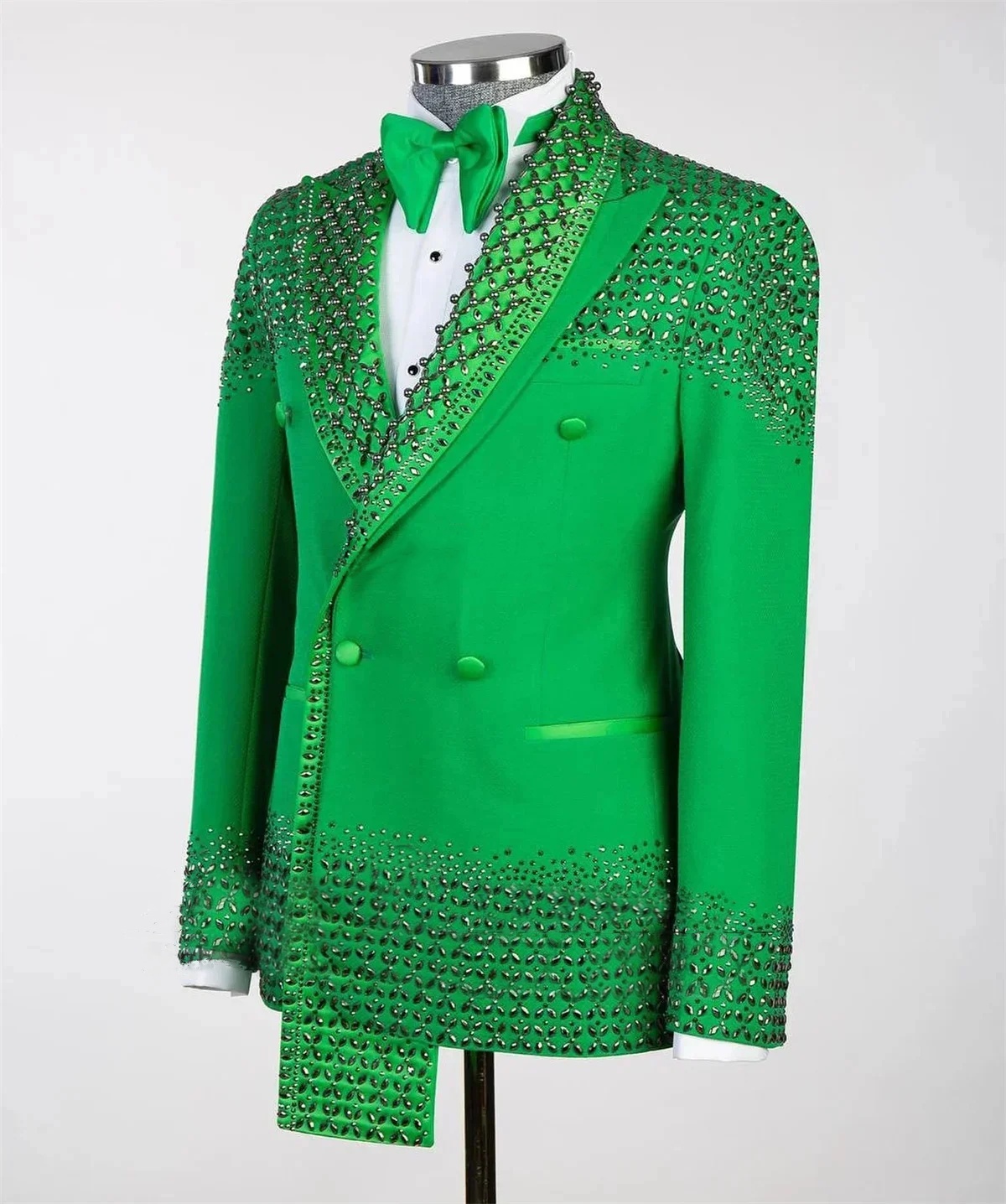 Men's Suit Fashion Tailored Peaked Lapel Crystal Beaded Blazers Groom Jacket for Wedding Groom Double Breasted 2 Pieces Set Custom Made Coat(Pant