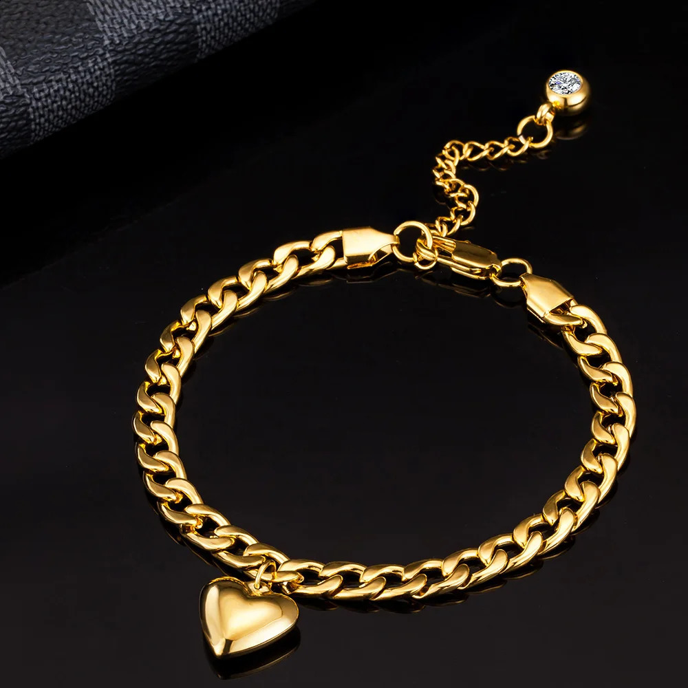 Punk 7mm Cuban Chain Foot Bracelet for Women Gold Silver Stainless Steel Heart Charm Foot Bracelet 250408