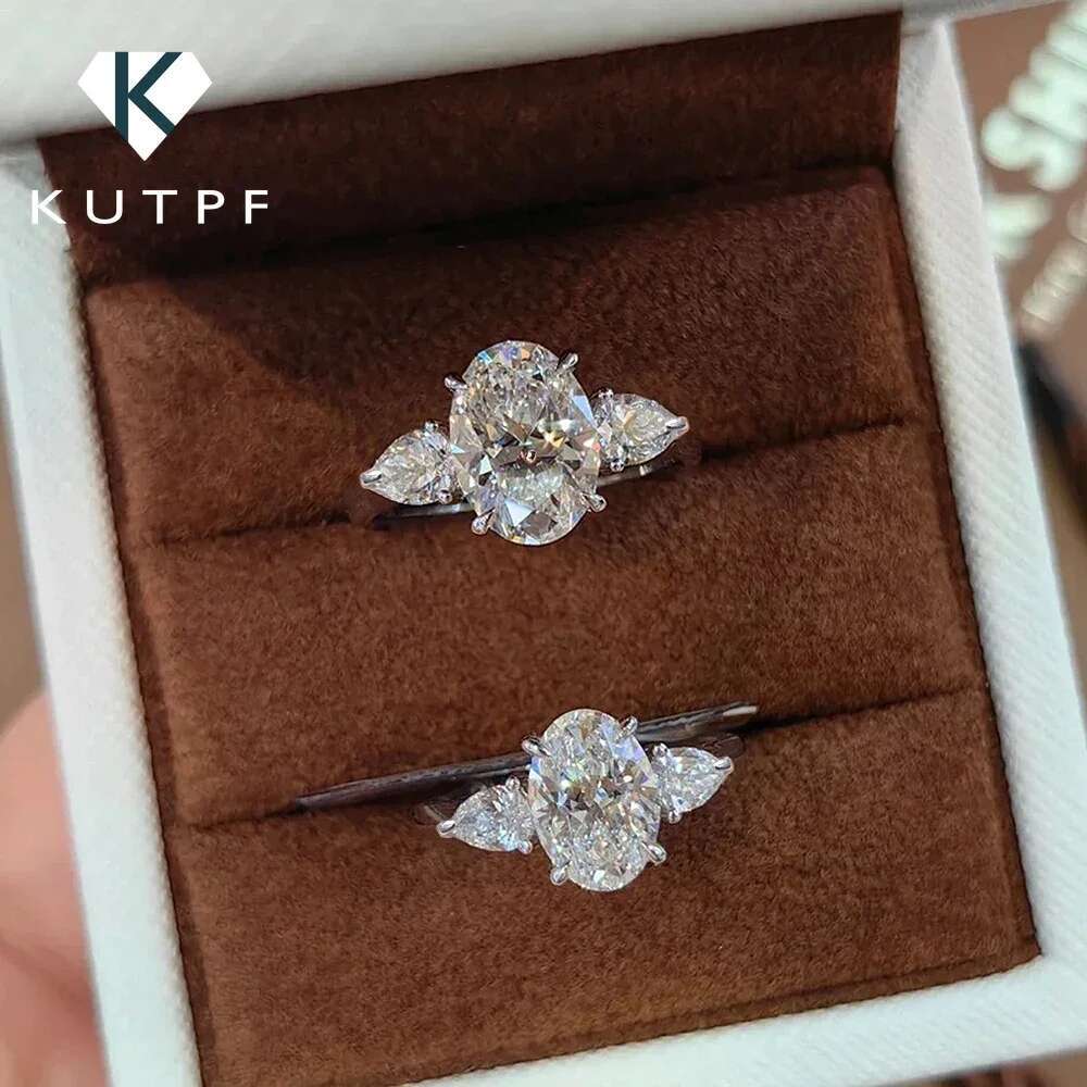3/8carat Oval Cut Full Moissanite Engagement Ring with Pear Cut Lab Diamond 925 Sterling Silver 3-stone Wedding Rings for Women