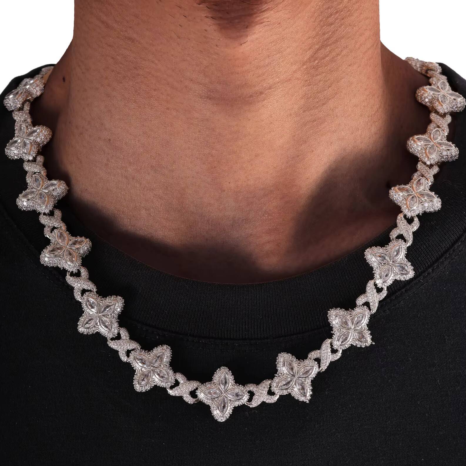 Sparkling Bling Hip Hop 16mm White CZ Clover Bracelet Necklace Brass Fashion Flower 5A Zircon Diamond Cuban Chain