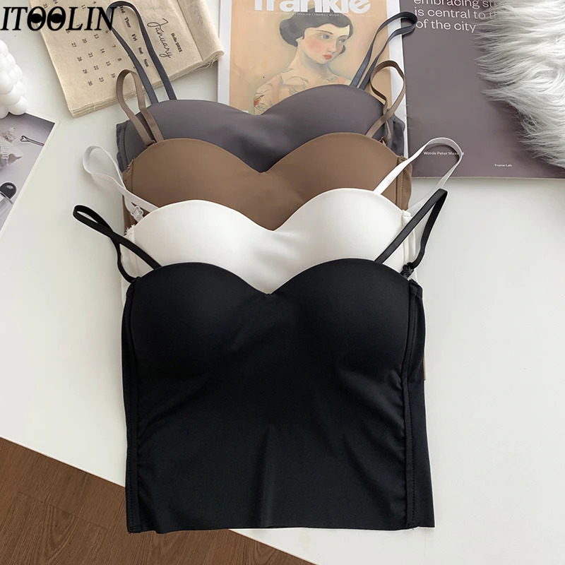 Itolin fashion backless vest cute womens crop top slim elastic ice silk spaghetti with bra pad 250414Z