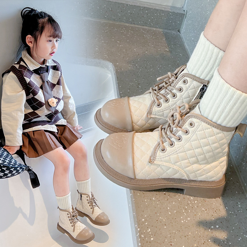 Girls Boots Kids Fashion Rubber Boots Toddler Elegant Plaid Girl Fall Winter Side Zip Boots Umshop for Children Princess PU Leather Shoe Sizes 26 - 36