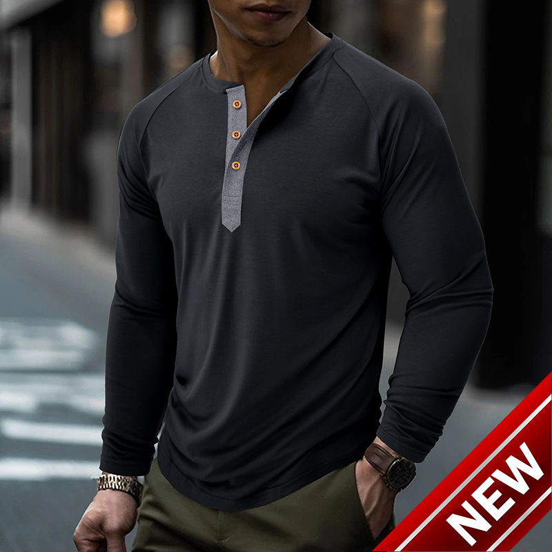 Mens solid color long sleeved t-shirt Mens foundation shirt Henry T-shirt