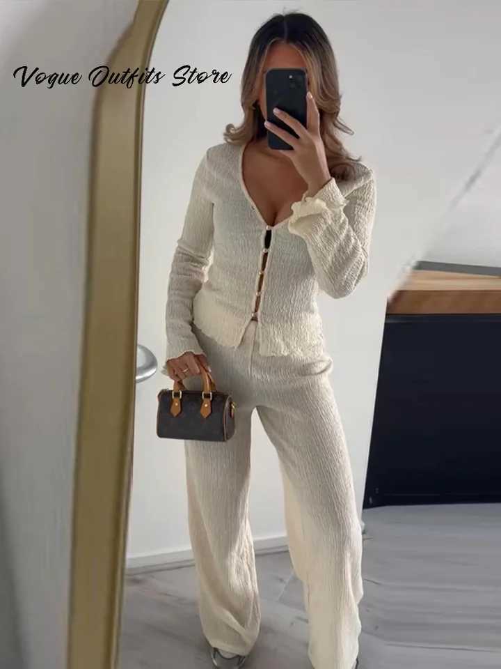 Ele pleated womens pants set V-neck single chest slim fit top waist wide leg pants 2025 spring new fashionable womens setXJ250414