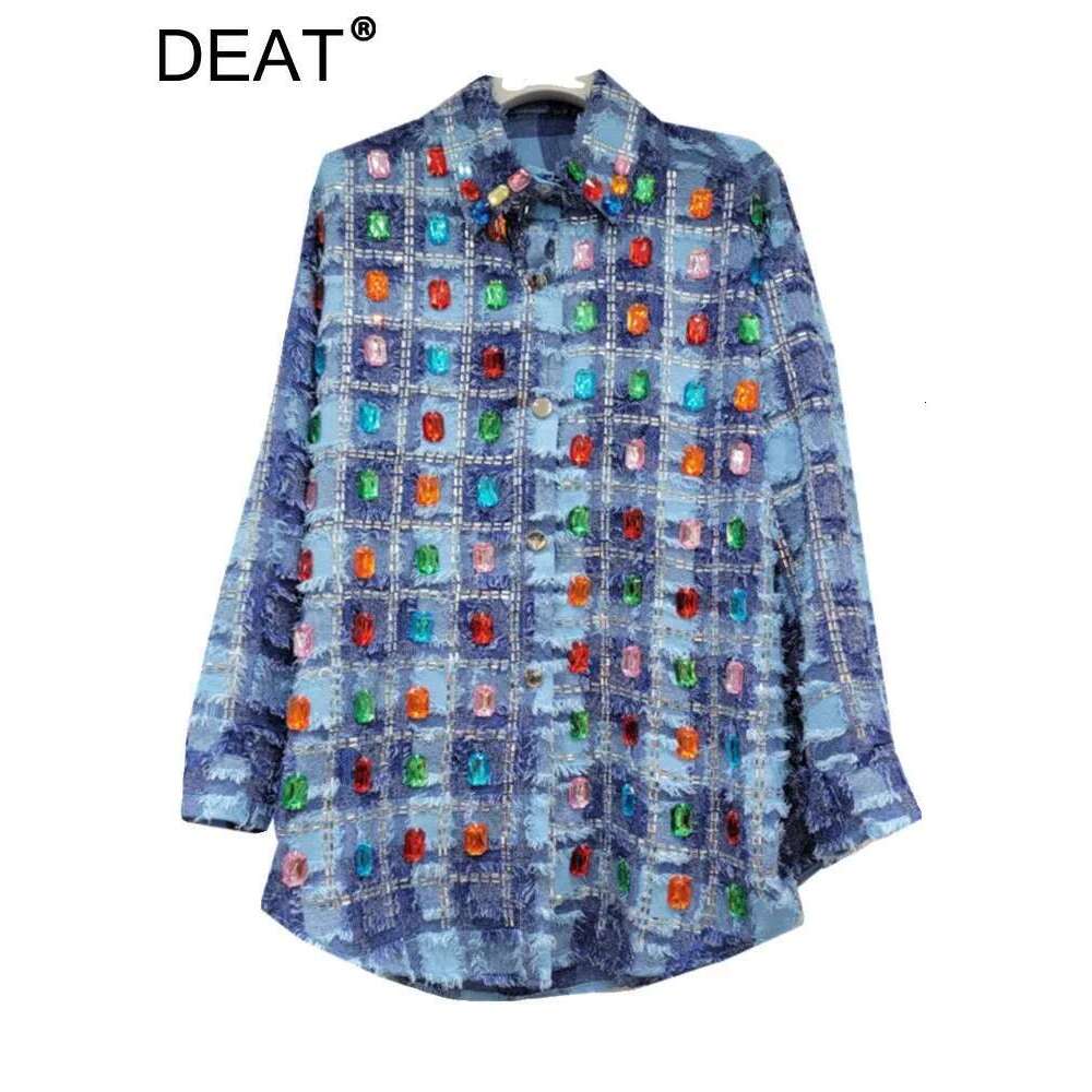 DEAT Women's Denim Shirt Loose Patchwork Plaid Burrs Edge Colored Dia Single Breasted Blouse 2024 Summer New Fashion 29L6604
