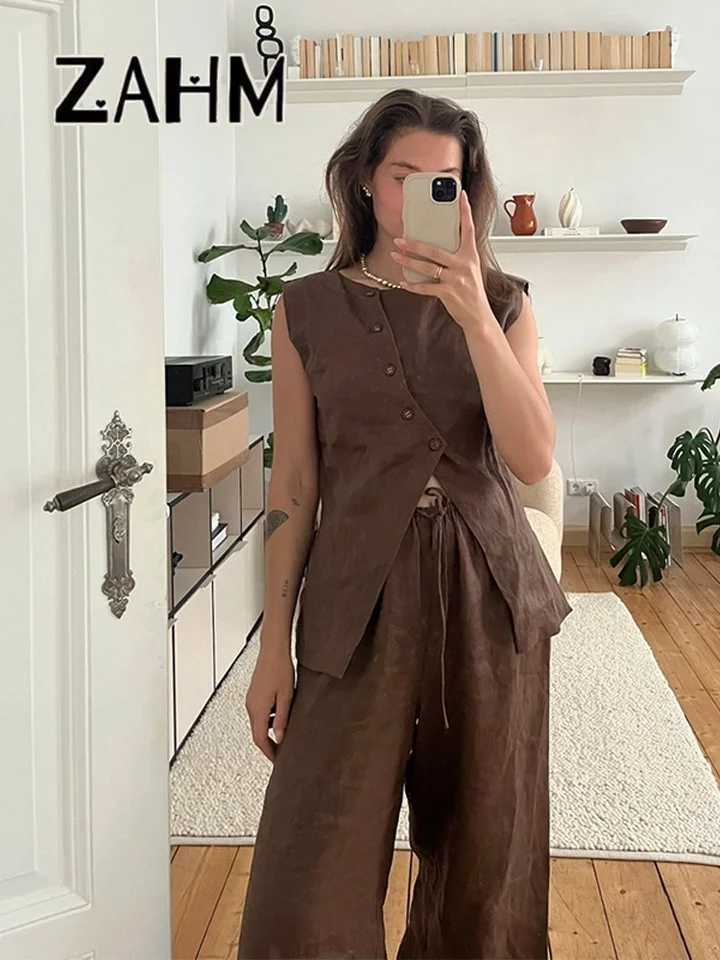 Ele asymmetrical vest pants set womens solid O-neck strapless top Drstring wide leg pants 2025 summer womens new setXJ250414