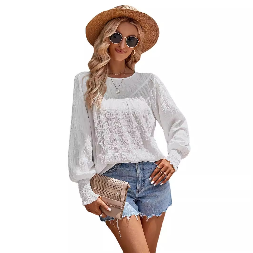 New women's solid color round neck long sleeved patchwork lantern sleeve plaid top for women