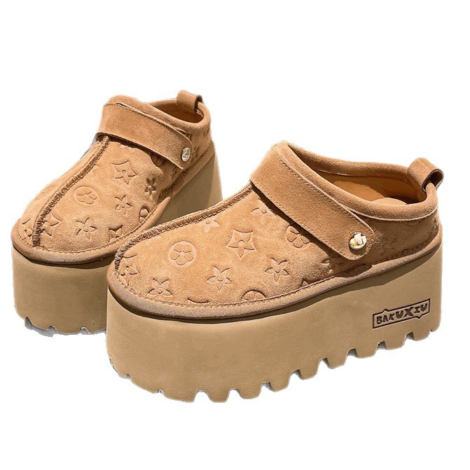 Free shipping 2025 New Women's Thick Sole Shearling Snow Boots Elevated Outdoor Closed-Toe Thick Fleece Half Slippers Autumn Winter