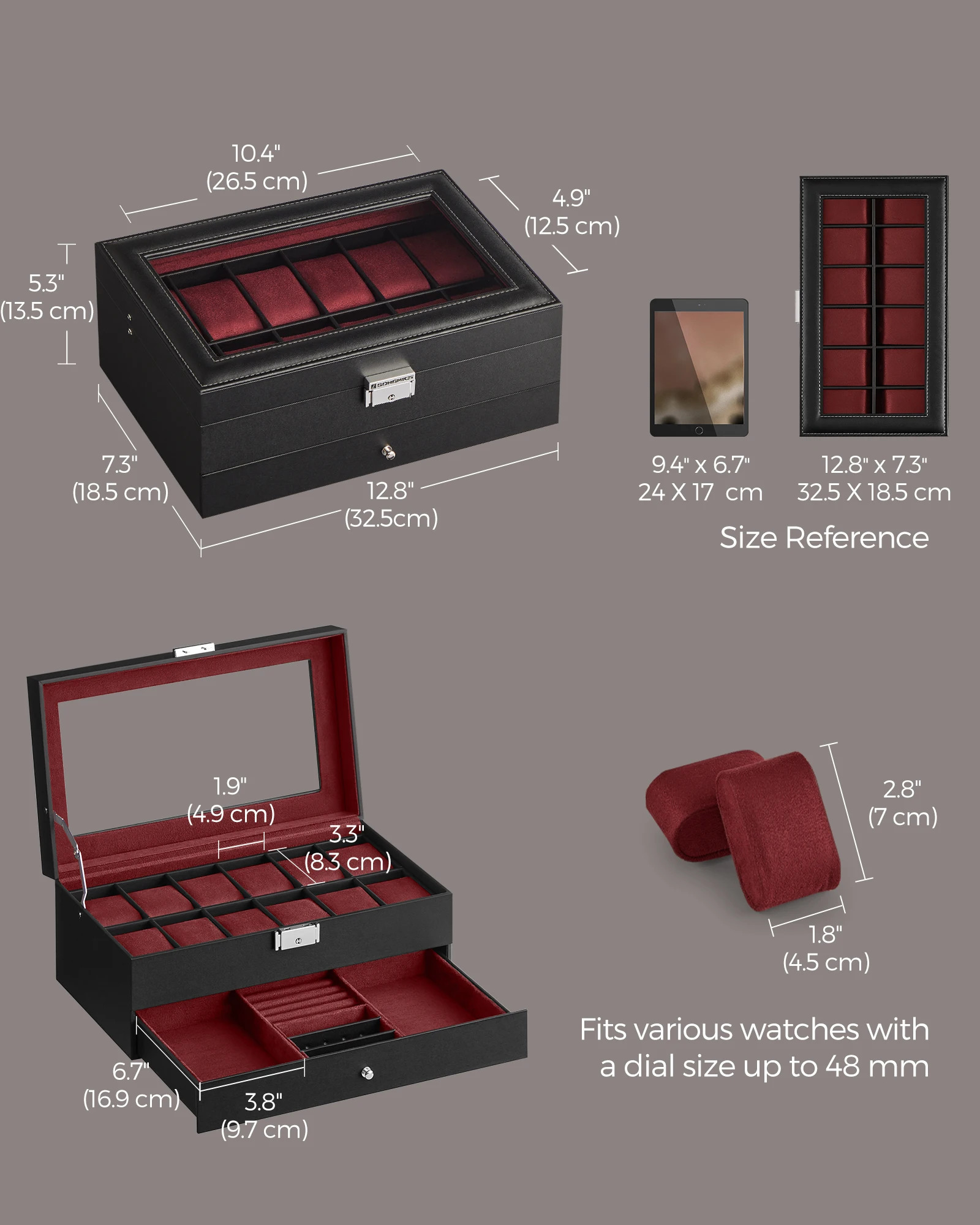 SONGMICS Lockable Watch Box 12-Slot with Glass Lid 2 Layers Watch Case with 1 Drawer for Rings And Bracelets Gift Idea 251110