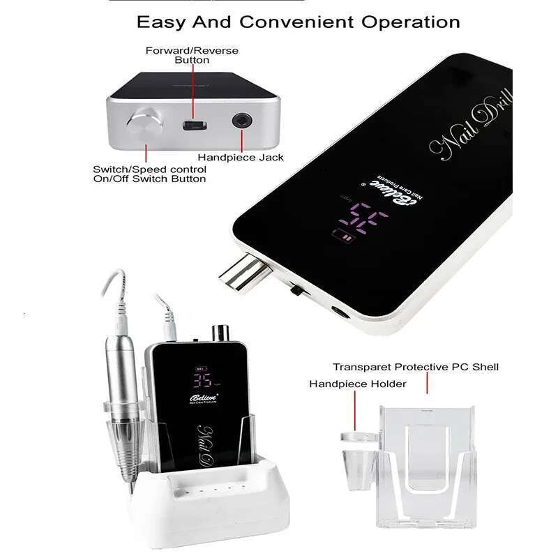 IBELIEVE 80W Low Vibration Drill Hine 35000Rpm Wireless Polish Sander Rechargeable Professional Nail Efile Brushlestp322