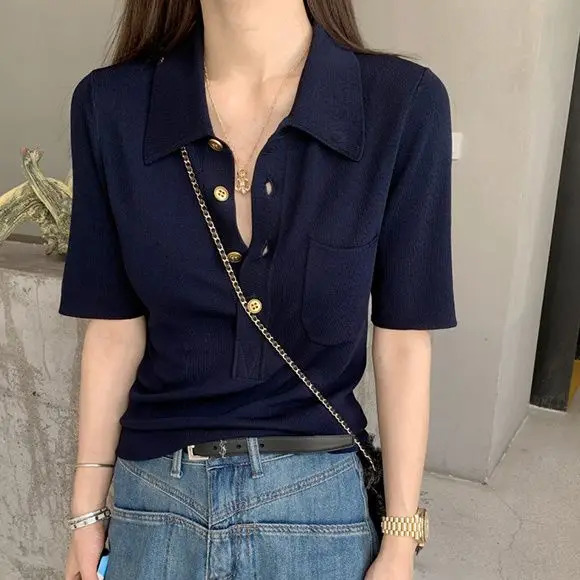 Knitted Short Sleeve French Sweater High End Weight Loss Polo Temperature Top 250410