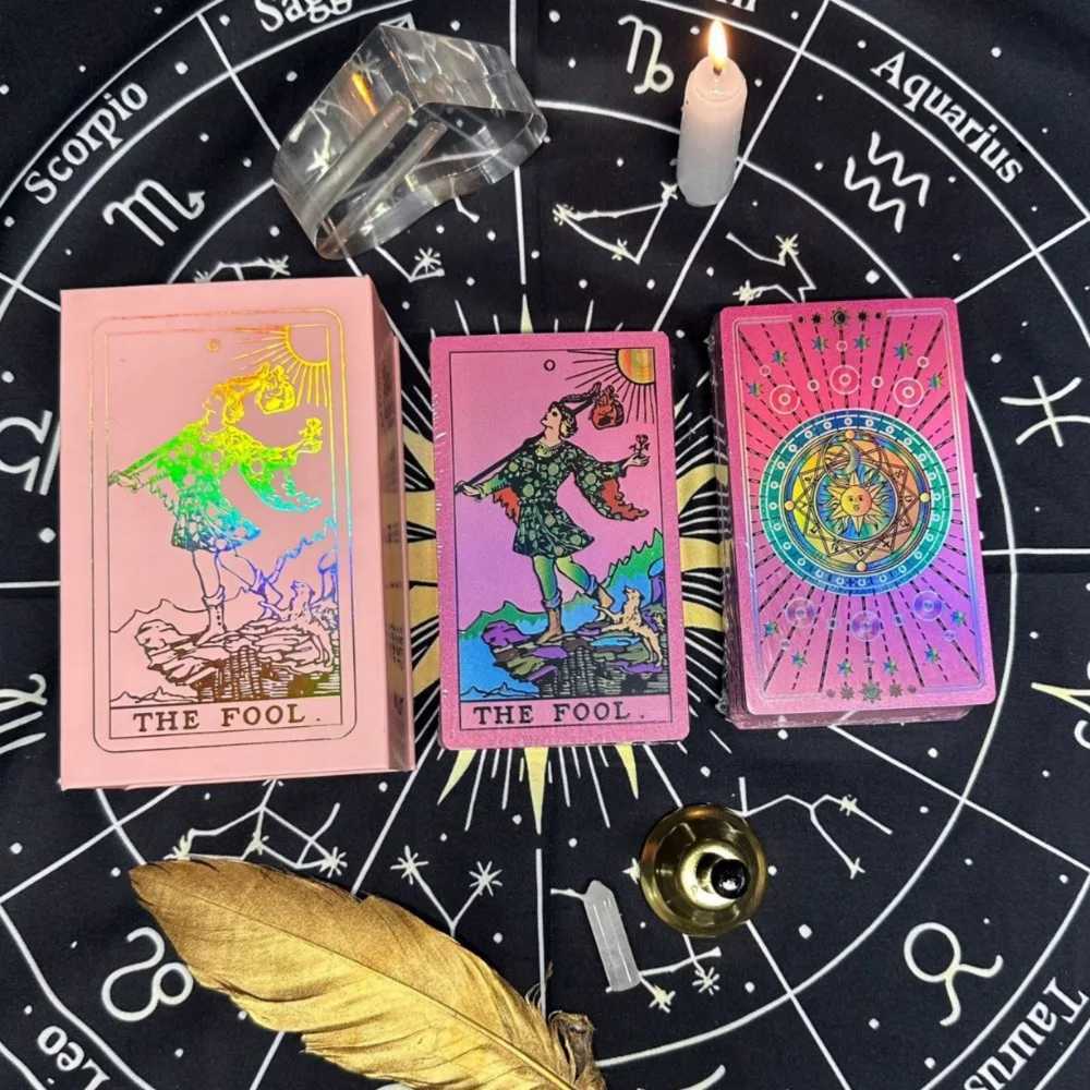 Holographic Iridescent Fluorescent Gold Foil Rider Tarot Deck 127cm 78 Pcs Waterproof PET Wear-resistant Tarot Cards C251114