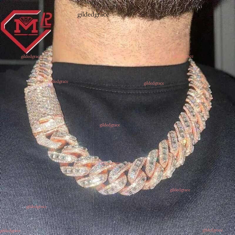 Rappers 24mm Iced Out Rose Gold Emerald Cut Moissanite Cuban k Mens Hip Hop Miami Chain
