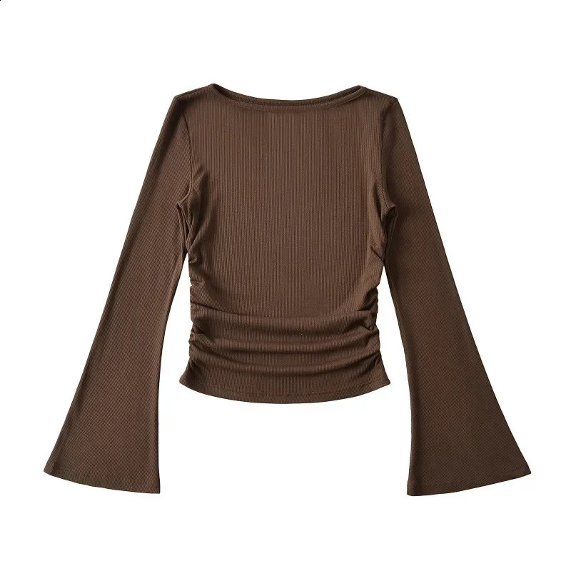 Ultra thin fit Bell sleeves American style spicy shoulder pleated weight loss top solid color arrival in autumn 250407
