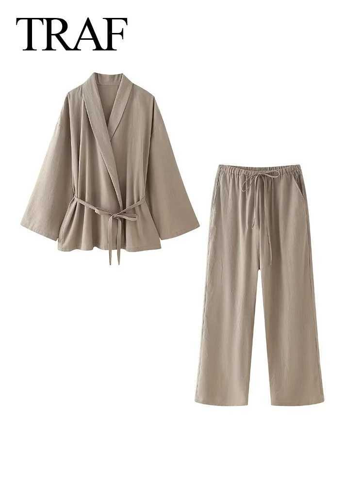 TRZA Fashion Womens Pants Set Solid When Drstring Long Sve Cardgian Shirt+Elastic Waist Wide Leg PantsXJ250414