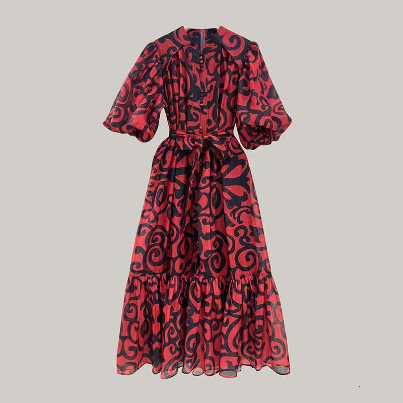 Designer Women's French Style Printed Maxi Dress with Bubble Sleeves - Loose Fit, Round Neck for Summer