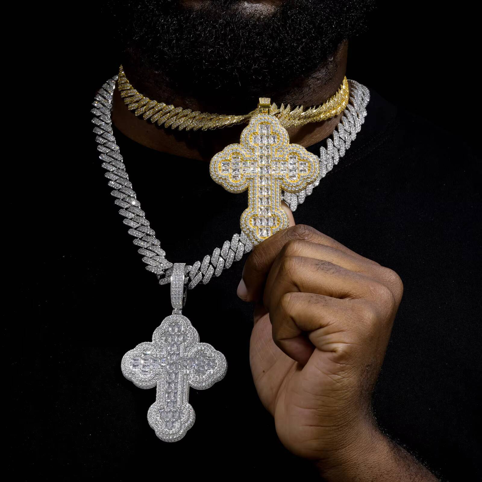 Drop Shipping Hip Hop Men Gift Jewelry 925 Sterling Silver Baguette Moissanite Diamond Religions Iris Cross Pendant