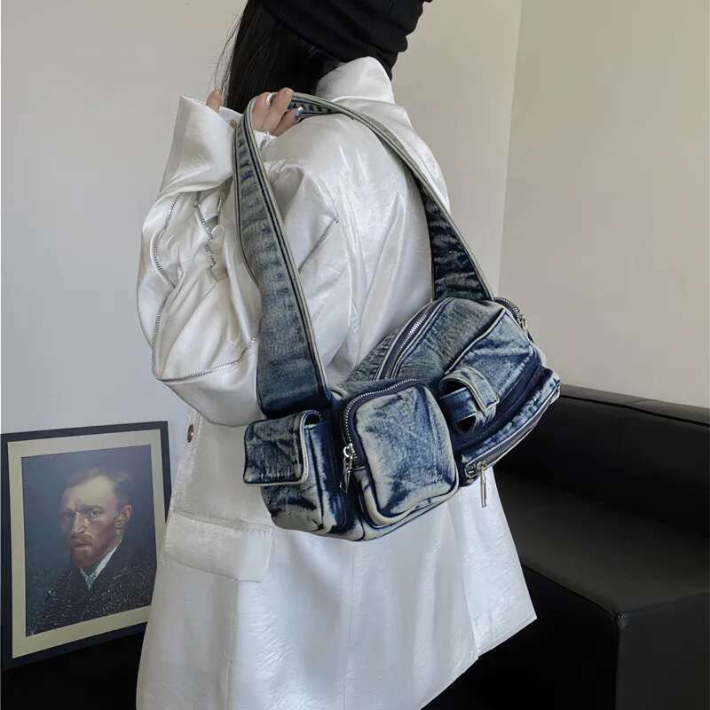 Jamhoo Women Denim Crossbody Casual Large Capacity Shoulder Vintage Messenger Multi-Pockets Zipper Commute Bag Bolsa