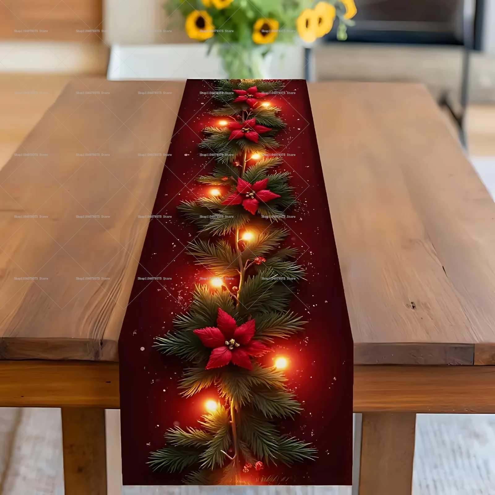 Christmas Luminous Christmas Flower Pine Branch Table Runner Red Background Printed With Lighted Pine Branches And Poinsettia Pattern Y251113