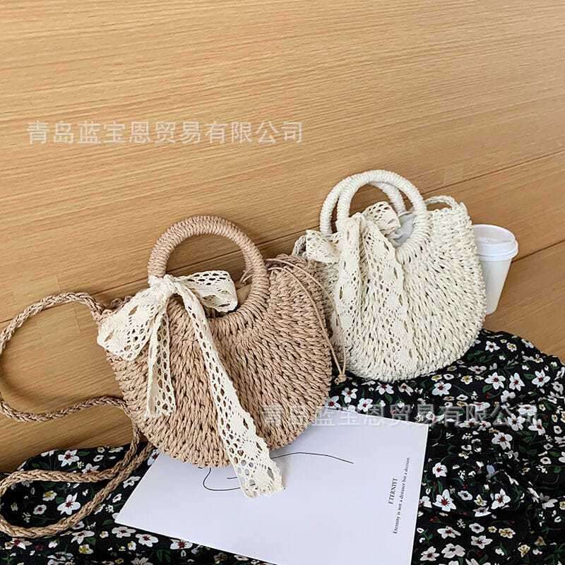 Handmade Beach Bag New Handmade Grass Woven Fashion Internet Famous Single Shoulder Crossbody Women's Sweet And Versatile Handheld Vegetable Bask
