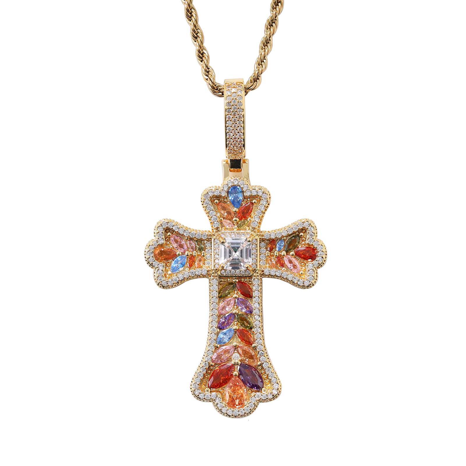 Hot Selling Colorful Cross Pendant with a Large Diamond Baguette CZ Waterproof Pendant Necklace for Gift