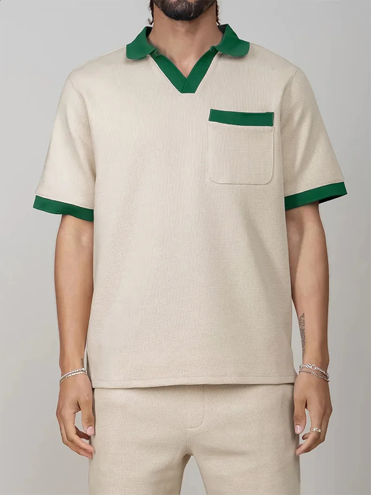 Streetwear Mens Fashion Two Piece Suits Patchwork Lapel Short Sleeve Polo Shirts And Shorts Outfits Men Summer Casual Loose Sets 250409