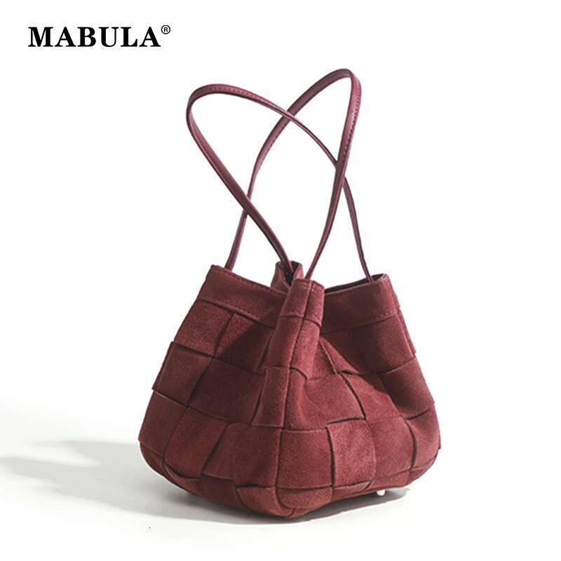 MABULA Handmade Genuine Suede Woven Top Handle Basket Purse Designer Chic Women Cell Phone Bag Elegant Crossbody Shopper Handbag