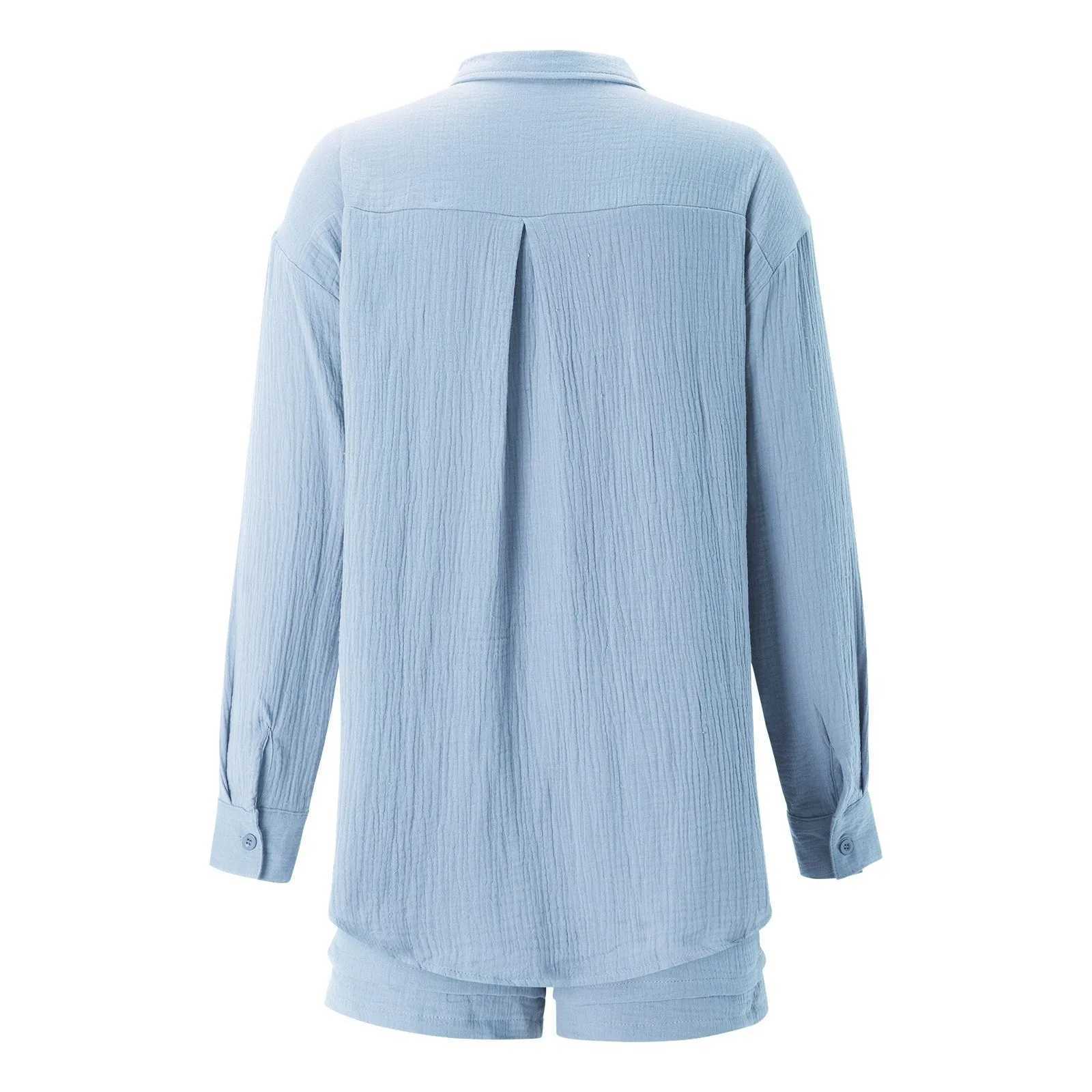 Summer Womens Set 2024 Wrinkle Shirt Two Piece Set Solid Color Womens Drstring Shorts Set Blue Button SetXJ250414