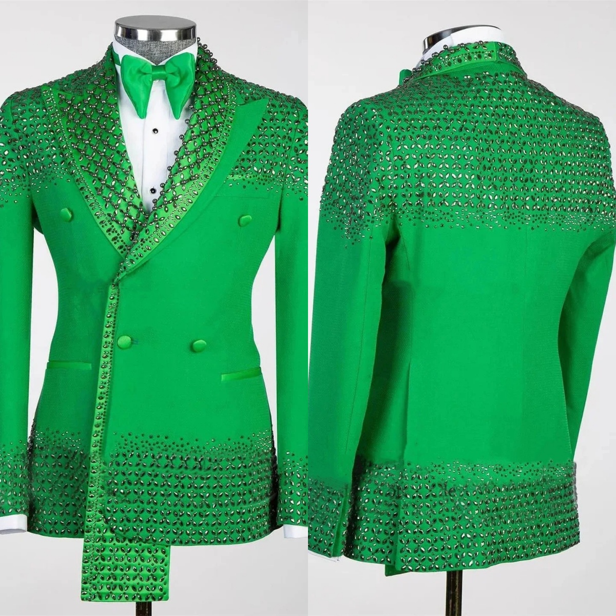 Men's Suit Fashion Tailored Peaked Lapel Crystal Beaded Blazers Groom Jacket for Wedding Groom Double Breasted 2 Pieces Set Custom Made Coat(Pant