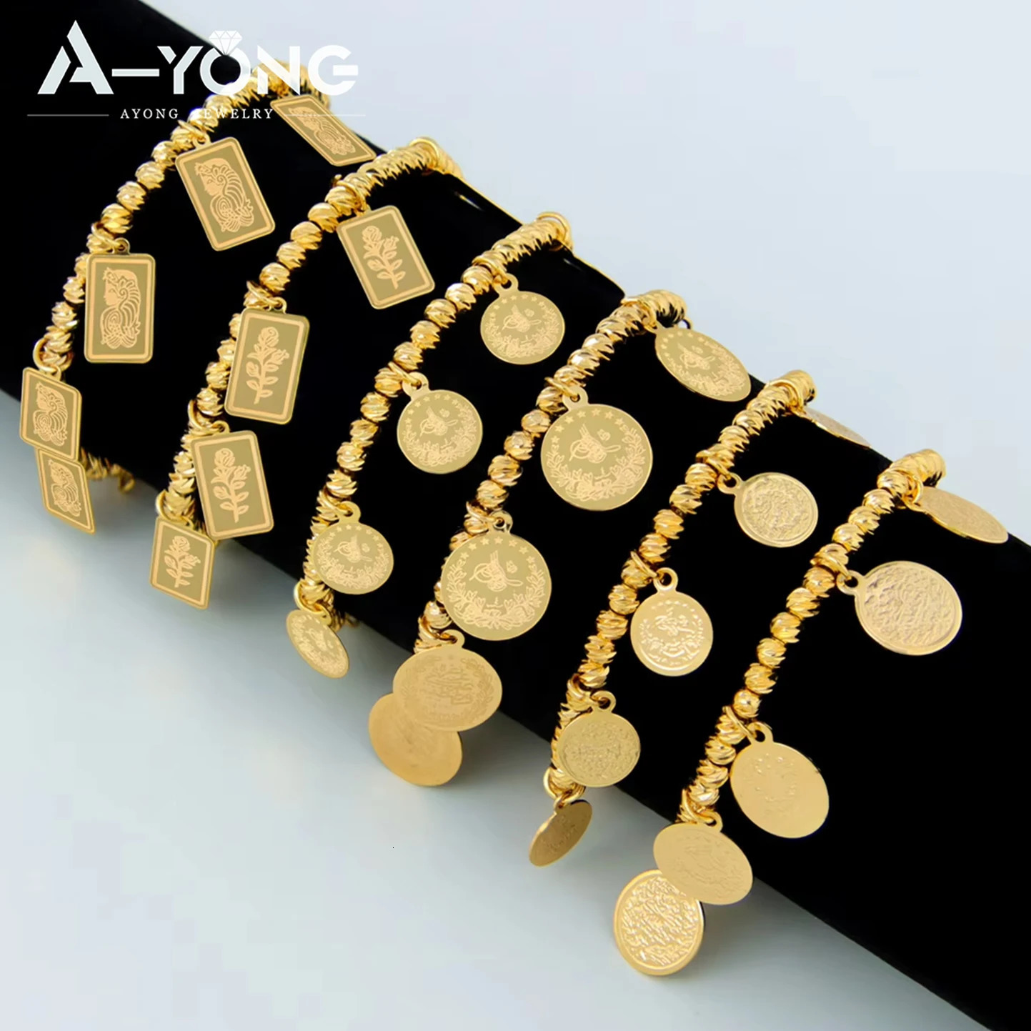 Arab Gold Color Bead Bracelet 21k Gold Plated Adjustable Turkish Coins Bangles Islamic Women Wedding Party Jewelry Gifts 251113