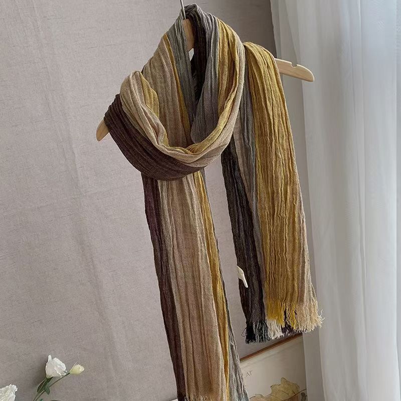 T474 new cotton and linen scarf for women in autumn and winter, all-match Japanese color stripes, linen, thin and artistic long neck scarf
