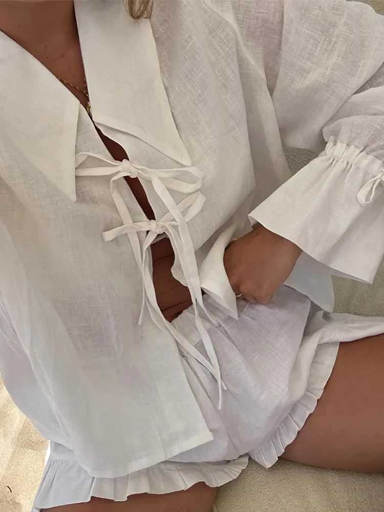 Solid linen lace top bow shirt womens short sleeved set lapel lantern Sve shirt pleated pants summer womens 2-piece setXJ250414