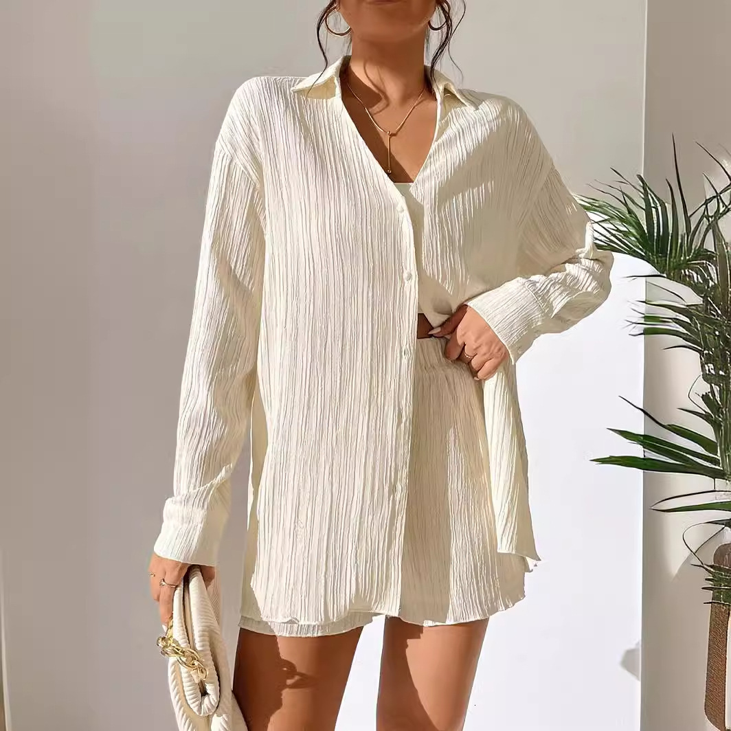 New V-neck shirt, long sleeved shorts, casual pleated texture pattern women's set