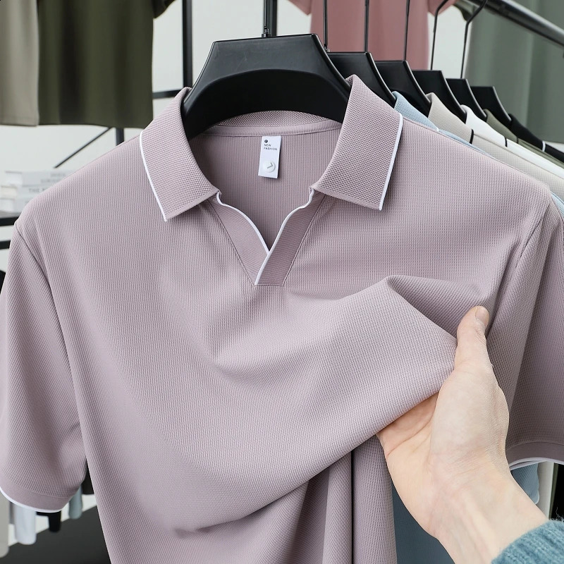 2025 summer high-end polo shirt fashion trend mens cotton t-shirt ice silk business casual lapel short sleeved solid 250411