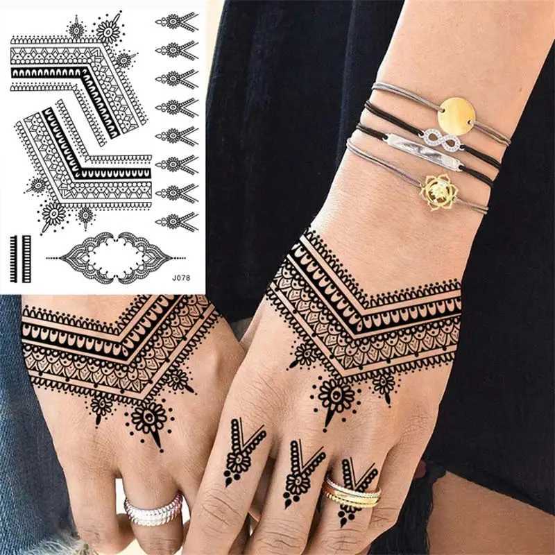 Black Fingernail Flower Tattoo Stickers for Temporary Tattoos on Womens Hands Butterfly Mehndi Flower Fake Tattoos Mandala Body ArtXJ25414