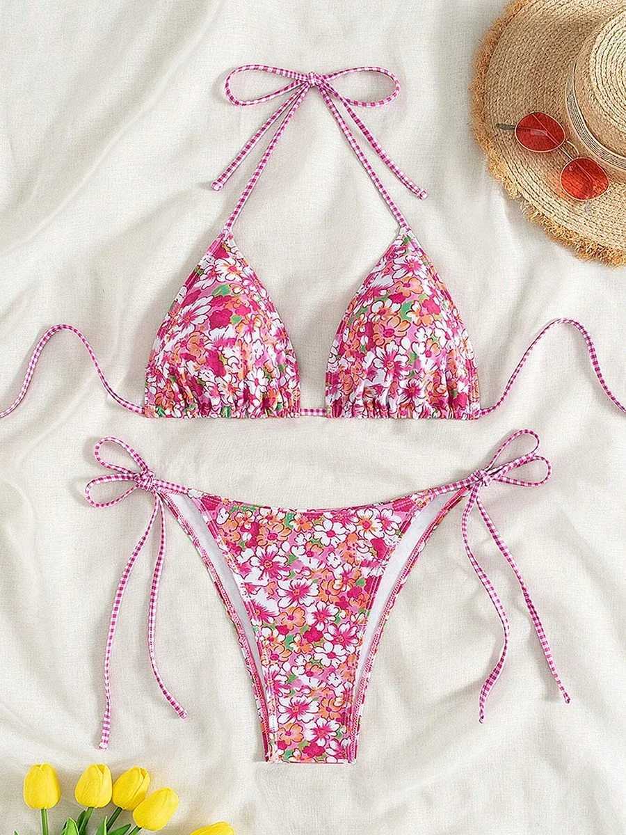 Swimsuit 2025 Female Micro Bikini Women Swimwear Summer Beachwear Womens Bathing Suit Floral Print Neck Halter Thong Bikini SetW251113