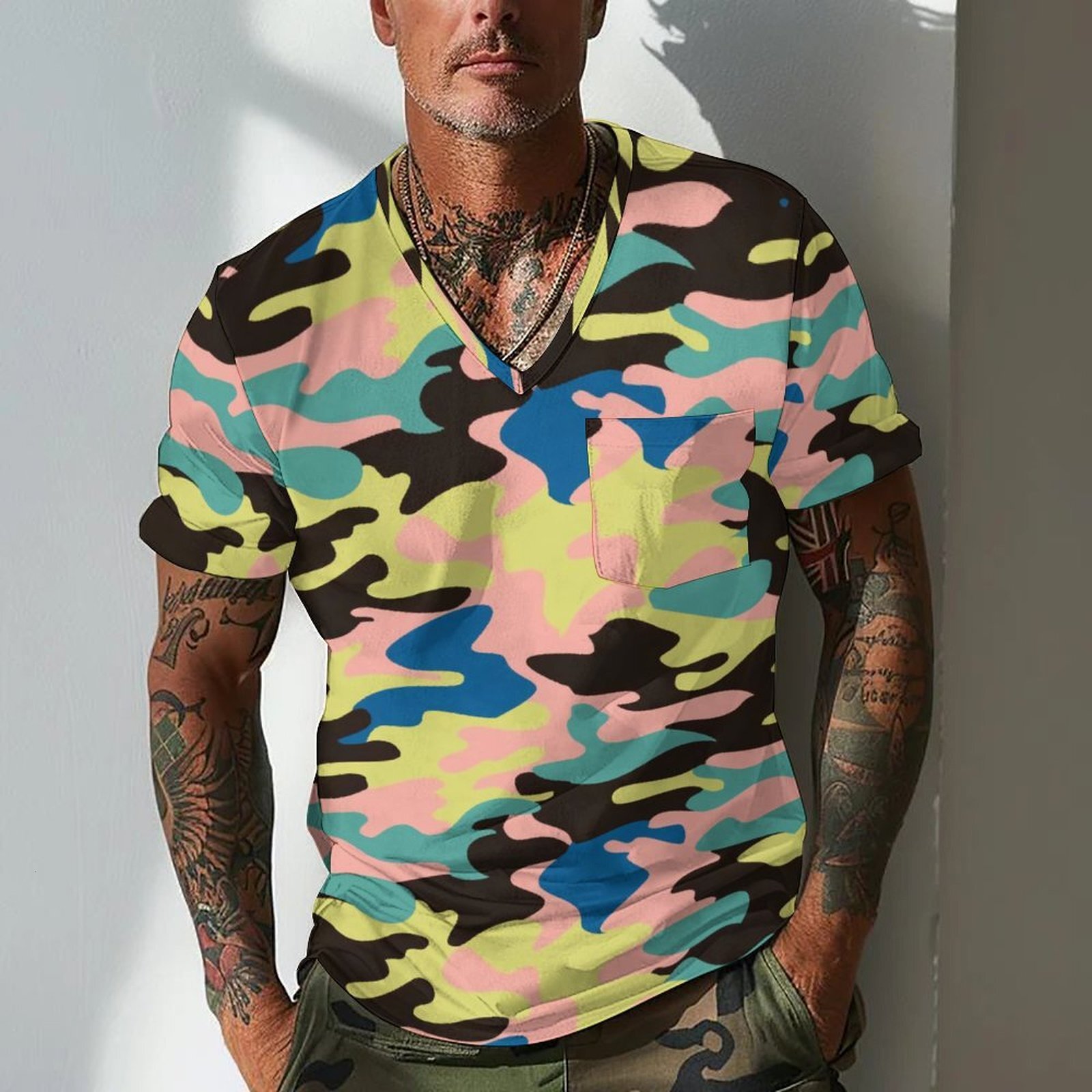 2025 Digital Printing Camouflage T-shirt Men's Summer Slim Fit Chicken Neck Short Sleeve